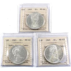 Group Lot 3x Mint State ICCS Certified Silver $1. Lot includes Lge Bds Blt 5 MS-63 Cameo, Sm Bds Blt