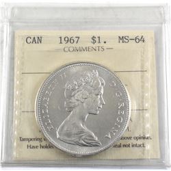 $1 1967 ICCS Certified MS-64. Blast White Attractive coin.