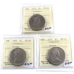 Group Lot 3x ICCS Certified Nickel $1, 1973, 1974, & 1975 All MS-64. 3pcs.