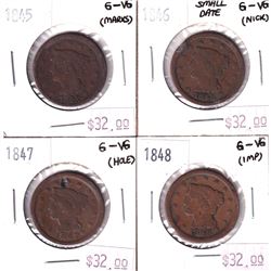 Group Lot 4x USA Large Cents. Lot Includes: 1845, 1846 Sm Date, 1847 Holed, & 1848. Coins are low gr