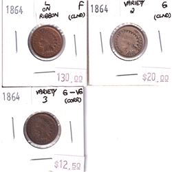 Group Lot 3x 1864 USA Indian Head Cents. Lot Includes: Variety 3 G-VG, Variety 2 Good, & L on Ribbon