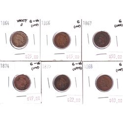 Group Lot 6x USA Indian Head Cents. Lot Includes: 1964 V2, 1866, 1867, 1868, 1874, & 1875. Coins are