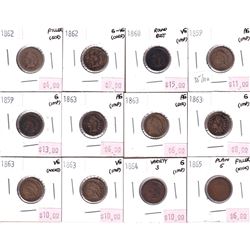 Group Lot 12x Low Grade USA Indian Head Cents. Lot Includes: 2x 1859, 1860 Round Bust, 1862 x2, 1863
