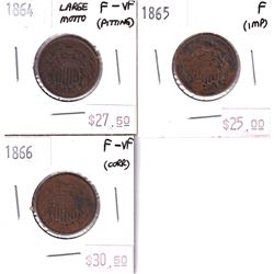 Group Lot 3x USA 2 Cents. Lot Includes: 1865 F, 1864 Large Motto F-VF, & 1866 F-VF. Coins may be