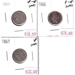 Group Lot 3x USA 3 Cents. Lot Includes: 1865 VF-EF, 1866 F-VF, & 1867 VF. Coins may be lightly clean