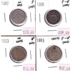 Group Lot of 4x USA Nickels. Lot includes 1867 No rays, 1868, 1883 'cents' Holed and plugged, & 1883