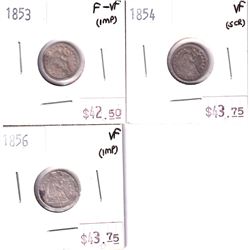 Group Lot 3x USA Silver Half Dimes. Lot includes 1853 F-VF, 1854 VF, & 1856 VF. Coins may be lightly