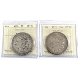 Set of 2x ICCS Certified USA 1921 Morgan Dollars. Lot includes 1921-S VF-20 & 1921 EF-40. 2pcs