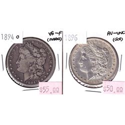 Lot of 2x USA Silver Morgan Dollars. Lot Includes 1894-O VG-F and a 1896 AU-UNC. Coins may be lightl
