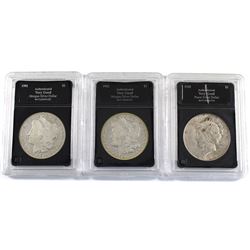 Group Lot 3x USA Silver Dollars. Lot includes: 1901-O, 1902-O, & 1923-D. Coins come in hard acrylic 