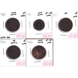 Group Lot of 5x Victorian Maritimes Copper. Lot includes: 1861 & 1864 Short 5 N.B Large 1-cent, & 18