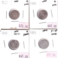 Group Lot 4x Newfoundland Silver 5-cent. Lot includes: 1865, 1880, 1888, & 1890. Coins are lower gra