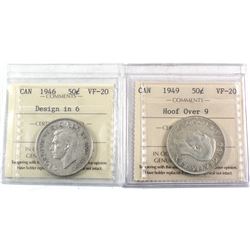 Lot of 2x Scarce 50-cent Varieties - 1946 Design in 6, & 1949 Hoof Over 9. Both coins ICCS Certified