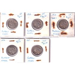 Estate Lot of 5x Older USA Buffalo 5-cents. Lot contains 3x 1913, 1916, & 1917. Coins range from Fin