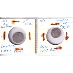 Estate Lot of 2x Old USA Silver coins. Lot includes a 1853-O Half Dime Variety 3 and a 1853 3 cent V