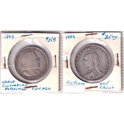 Lot of 2x 1800's Silver coins. Lot includes a 1889 G.B. Jubilee Half Crown Fine, and a 1892 Columbus