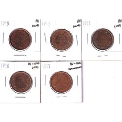 Lot of higher grade George 5th Large 1-cent. Lot includes: 1911 AU, 1913 AU, 1915 AU, 1916 AU-UNC, &