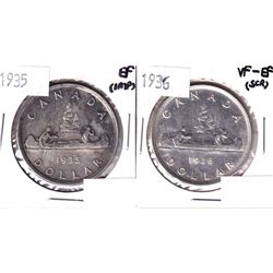 Lot of 2x Canadian Silver Dollars. Lot includes a 1935 & 1936 in VF or better condition. Coins may b