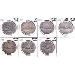 Lot of 7x Canadian Silver dollars. Lot includes: 1949, 1951, 1952, 1953 NSS, 1955 (holed), 1956 & 19