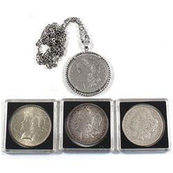 Estate Lot of 4x USA Silver Morgan/Peace Dollars. Lot includes 1879, 1881-O, 1879 (Jewellery mounted