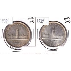 Pair of 1939 Canadian Commemorative Silver Dollars in UNC Condition (lightly scratched)