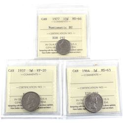 3x ICCS Certified coins: 1937 5-cent VF-20, 1964 5-cent MS-63 & 1977 10c MS-66 NBU. 3pcs
