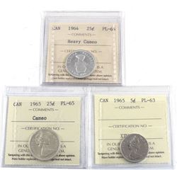 3x ICCS Certified Coins: 1964 25-cent PL-66 HC, 1965 25-cent PL-65 cameo & 1965 5-cent PL-63. 3pcs