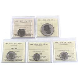 5x ICCS Certified Coins: 1999 5c SP-65, 2012 Pachyrhinosaurus 25c SP-66, 2018 25c SP-67, 2019 5c SP-