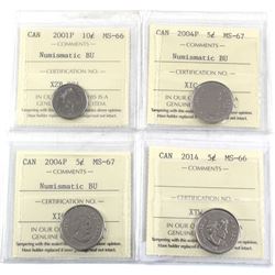 4x ICCS Certified Coins: 2001P 10c MS-66 NBU, 2004P 5c MS-67 NBU, 2004P 5c MS-67 NBU & 2014 5c MS-66