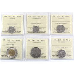 6x ICCS Certified Coins: 2006 Churchill $2 MS-64, 2007 50c MS-64, 2014 10c MS-65, 2016 5c MS-62, 201