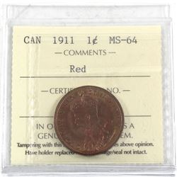 1911 Canada Large cent ICCS Certified MS-64 Red