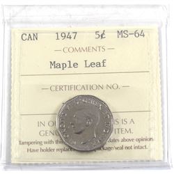 1947 Maple Leaf 5-cent ICCS Certified MS-64