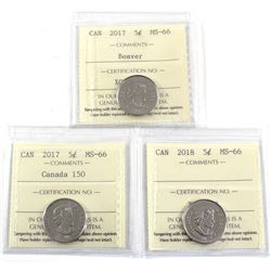2017 Beaver, 2017 Canada 150 & 2018 Canada 5-cent ICCS Certified MS-66. 3pcs