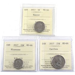 2017 Canada 5-cent Beaver, 10-cent Bluenose & 25-cent Caribou ICCS Certified MS-66. 3pcs