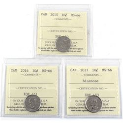 2015, 2016 & 2017 Bluenose Canada 10-cent ICCS Certified MS-66. 3pcs
