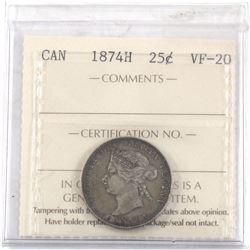 1874H Canada 25-cent ICCS Certified VF-20