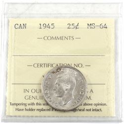 1945 Canada 25-cent ICCS Certified MS-64
