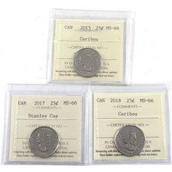 2015, 2017 Stanley Cup & 2018 Canada 25-cent ICCS Certified MS-66. 3pcs