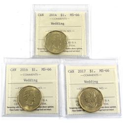 2014, 2016 & 2017 Wedding Loon Dollar ICCS Certified MS-66. 3pcs