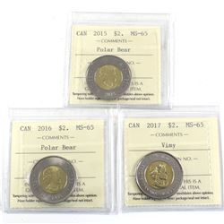 2015, 2016 & 2017 Vimy Two Dollar ICCS Certified MS-65. 3pcs