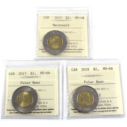 2015 MacDonald, 2017 Polar Bear & 2018 Polar Bear $2.00 All ICCS Certified MS-66. 3pcs