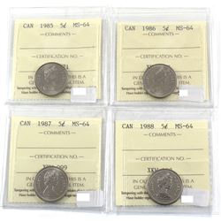 1985, 1986, 1987 & 1988 Canada 5-cent ICCS Certified MS-64. 4pcs