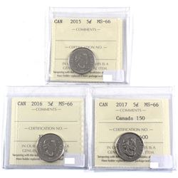 2015, 2016 & 2017 Canada 150 5-cent ICCS Certified MS-66. 3pcs