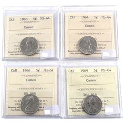 1963, 1964, 1966 & 1969 Canada 5-cent ICCS Certified MS-64 Cameo.4pcs