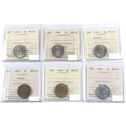 1940-1944 Canada 5-cent ICCS Certified MS-63. 6pcs