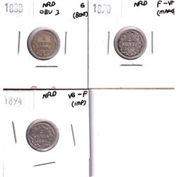 Lot of 3x NFLD 5-cents: 1888 Obv 3 Good (bent), 1890 F-VF (marks) & 1894 VG-Fine (impaired). 3pcs