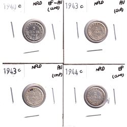 Lot of 4x NFLD 5-cents: 1940C EF-AU (cleaned), 1943C AU (scratched), 1943 C AU (impaired), 1944C EF
