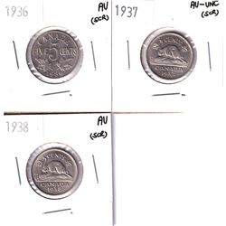 Lot of 3x Canada 5-cents: 1936 AU (scratched), 1937 AU-UNC (scratched) & 1938 5c AU (scratched). 3pc