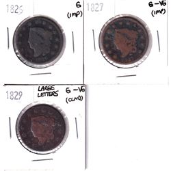 1826, 1827 & 1829 USA 1-cents in Good/G-VG Condition (Cleaned/impaired). 3pcs