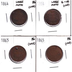 1864 & 1865 USA 2-cents Ag/G-VG Condition. Lot includes: 1864 Large Motto AG (Corrosion), 1864 Large